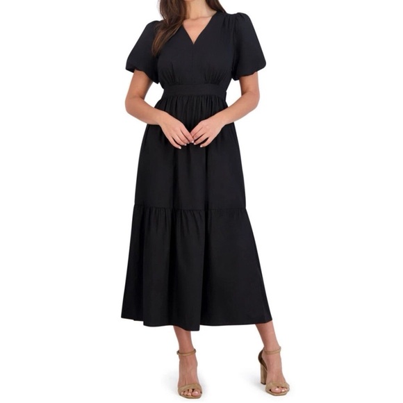 French Connection Bubble Sleeve Poplin Tiered Smocked Waist Dress Black Medium - Picture 1 of 13